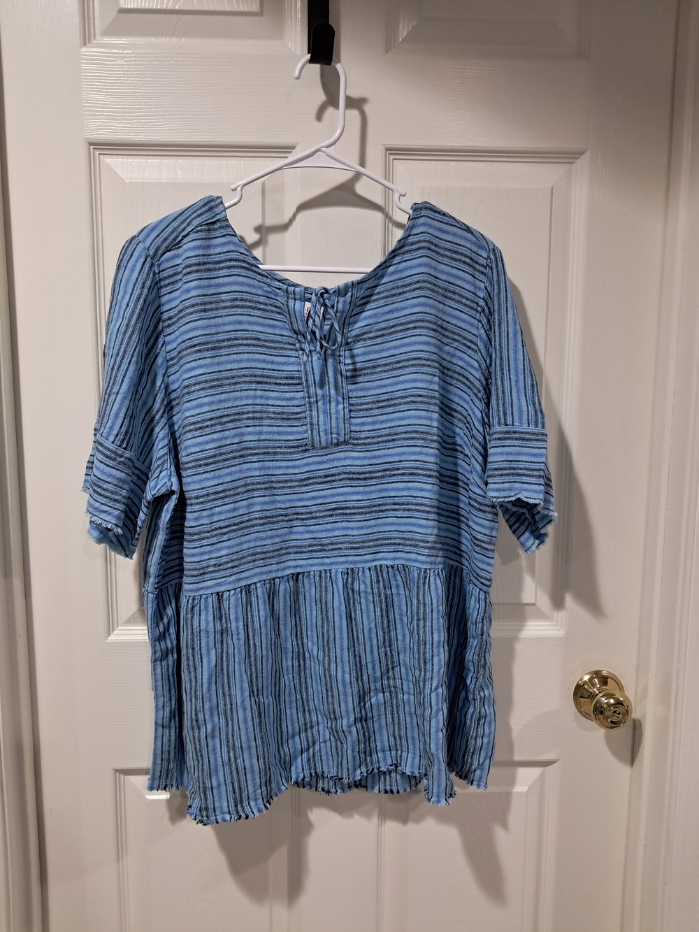 Light Blue Striped Tie-Neck Women's Blouse